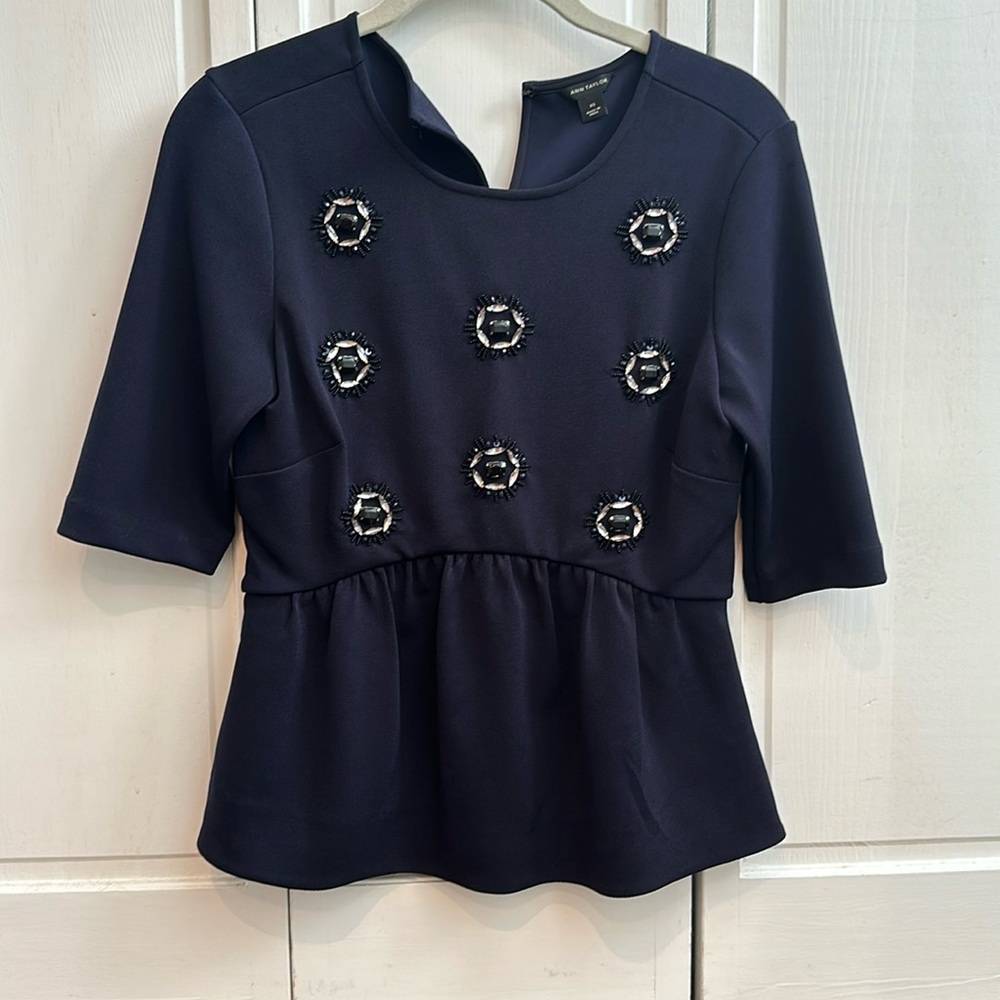 Navy Peplum Ann Taylor Blouse.  Size XS.  Jeweled detail.
